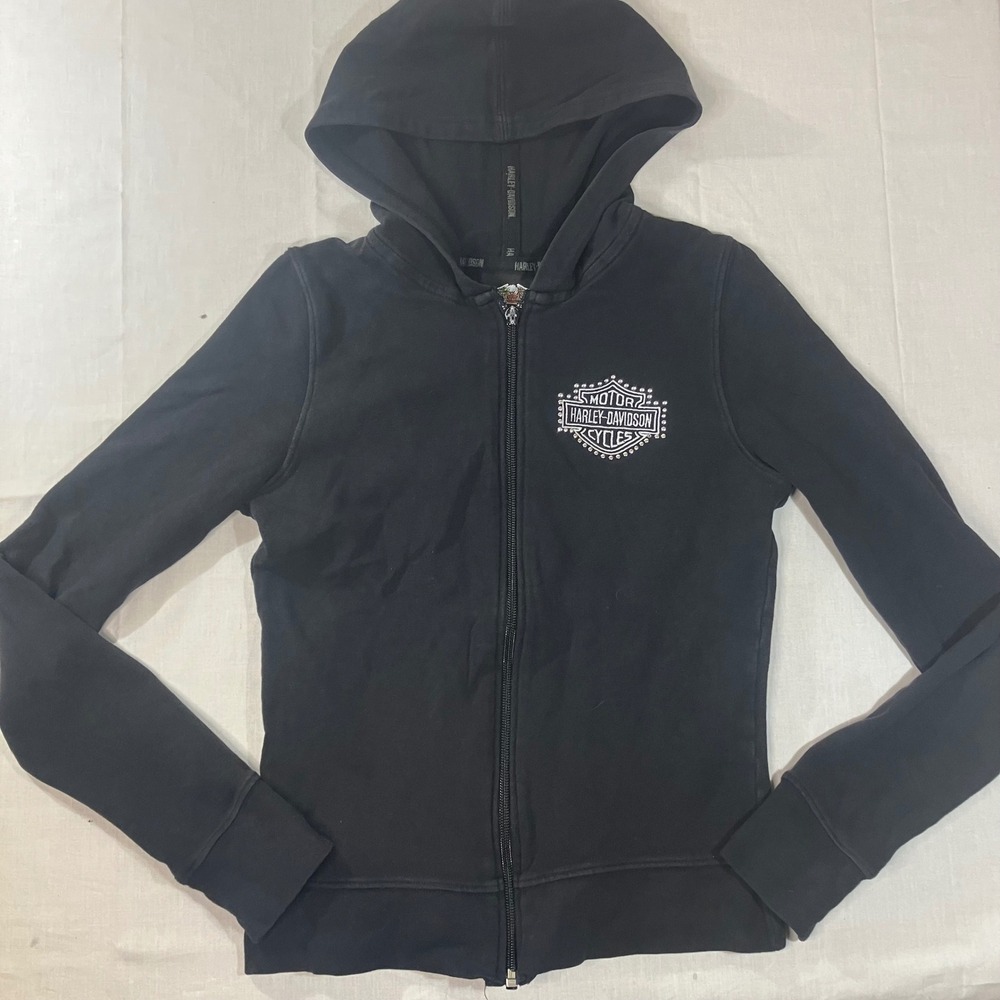Harley-Davidson Womens Black Studded Zip Up Hoodie Graphic Biker Small RN103819
